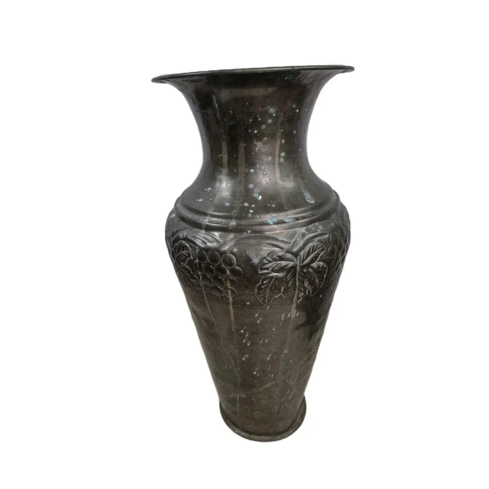 Vintage Distressed Tall Brass Embossed Urn Vase Vessel India 14.5